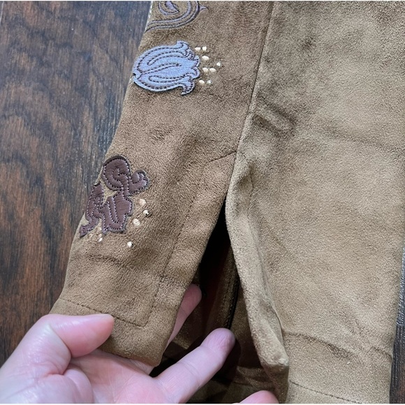 ST. JOHN BY MARIE GRAY micro suede embroidered patch flare high rise pants 4 EUC - Picture 7 of 16